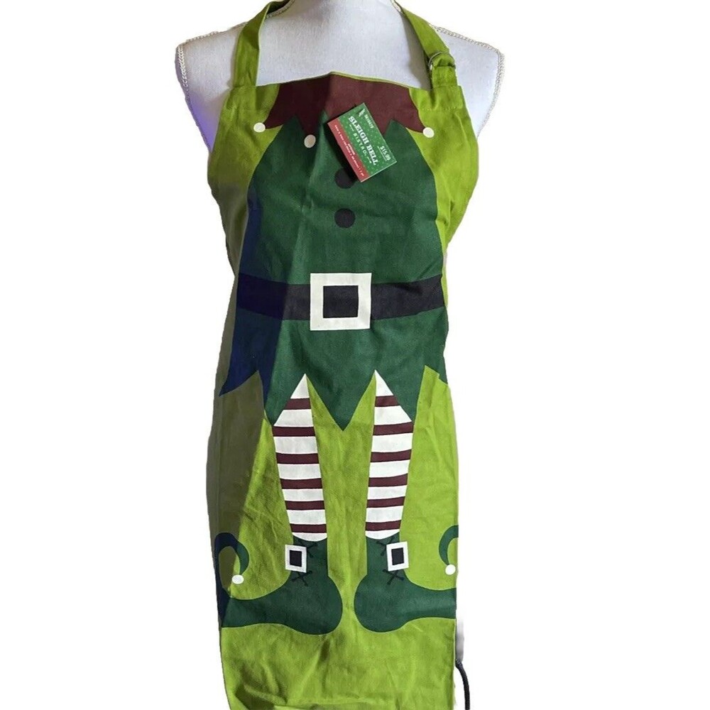 ELF APRON Christmas Holiday Sleigh Bell Bistro Brand New Tags Sz 24” X 34” Long